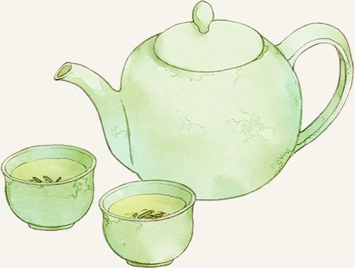 青瓷茶具水彩插画,以茶待客之意
